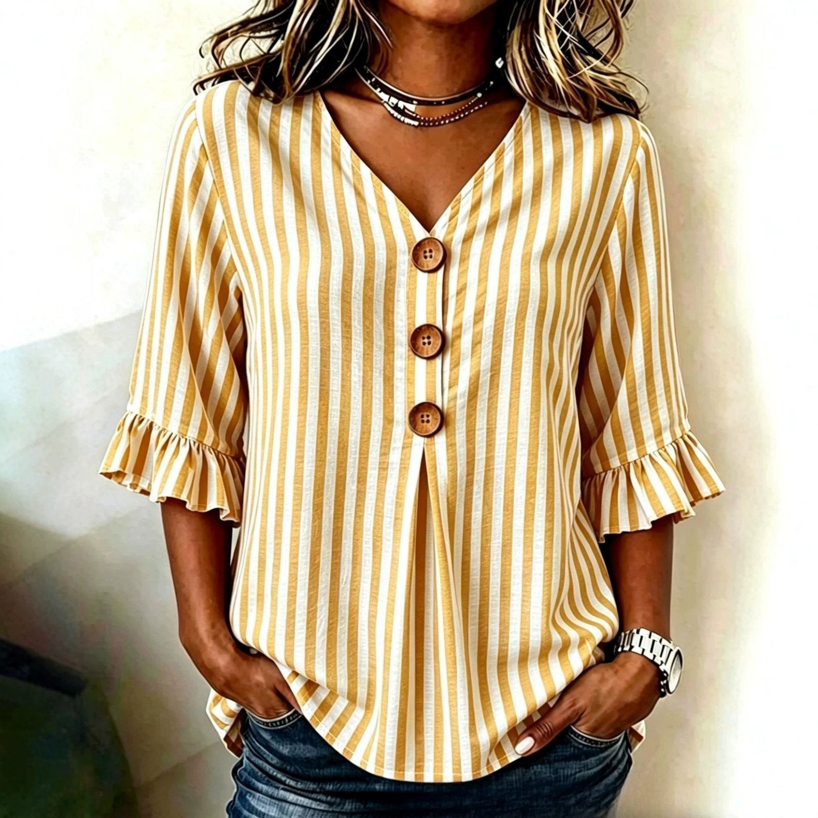 Retro V-Neck Shirt with Flared Sleeves - Striped & Plaid Designs