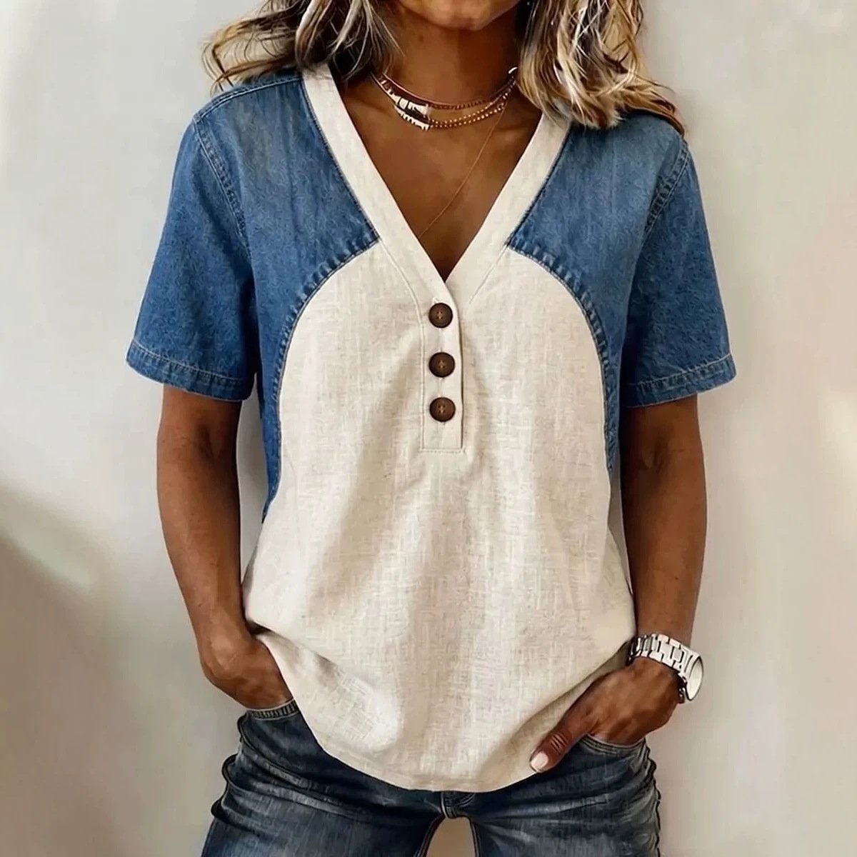 Loose Fit Denim Patchwork Tee for Women