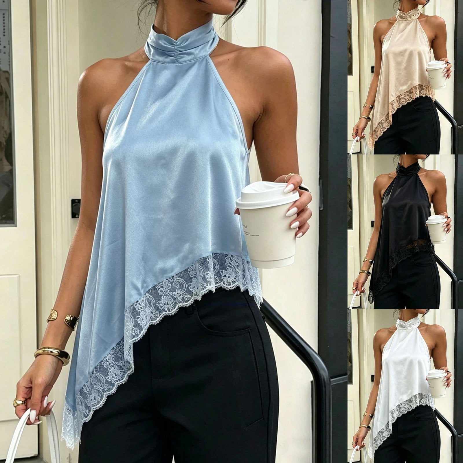 Sky Blue Lace Trim Asymmetrical Top