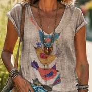 Loose Fit Floral V-Neck Short Sleeves Shirt for Women
