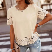 Apricot Embroidered Crew Neck Short Sleeve T-Shirt for Women