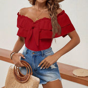 Elegant Off-shoulder Top with Ruffled Trim & Tie Belt