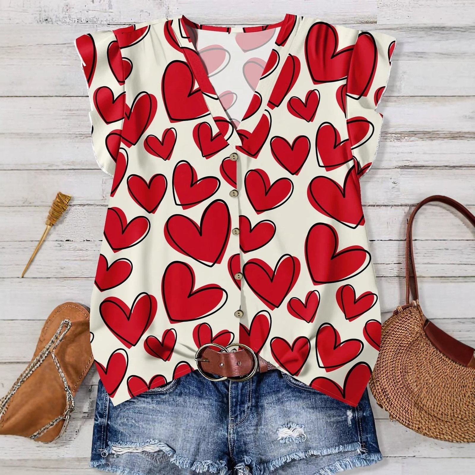 V-Neck Printed Casual Blouse Top for Women