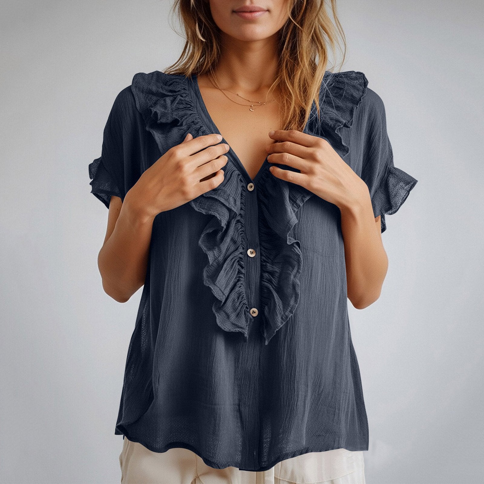 Loose Fit V Neck Blouse with Ruffled Trim