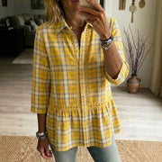 Casual Striped And Plaid Patchwork Lace Hollow-out Blouse