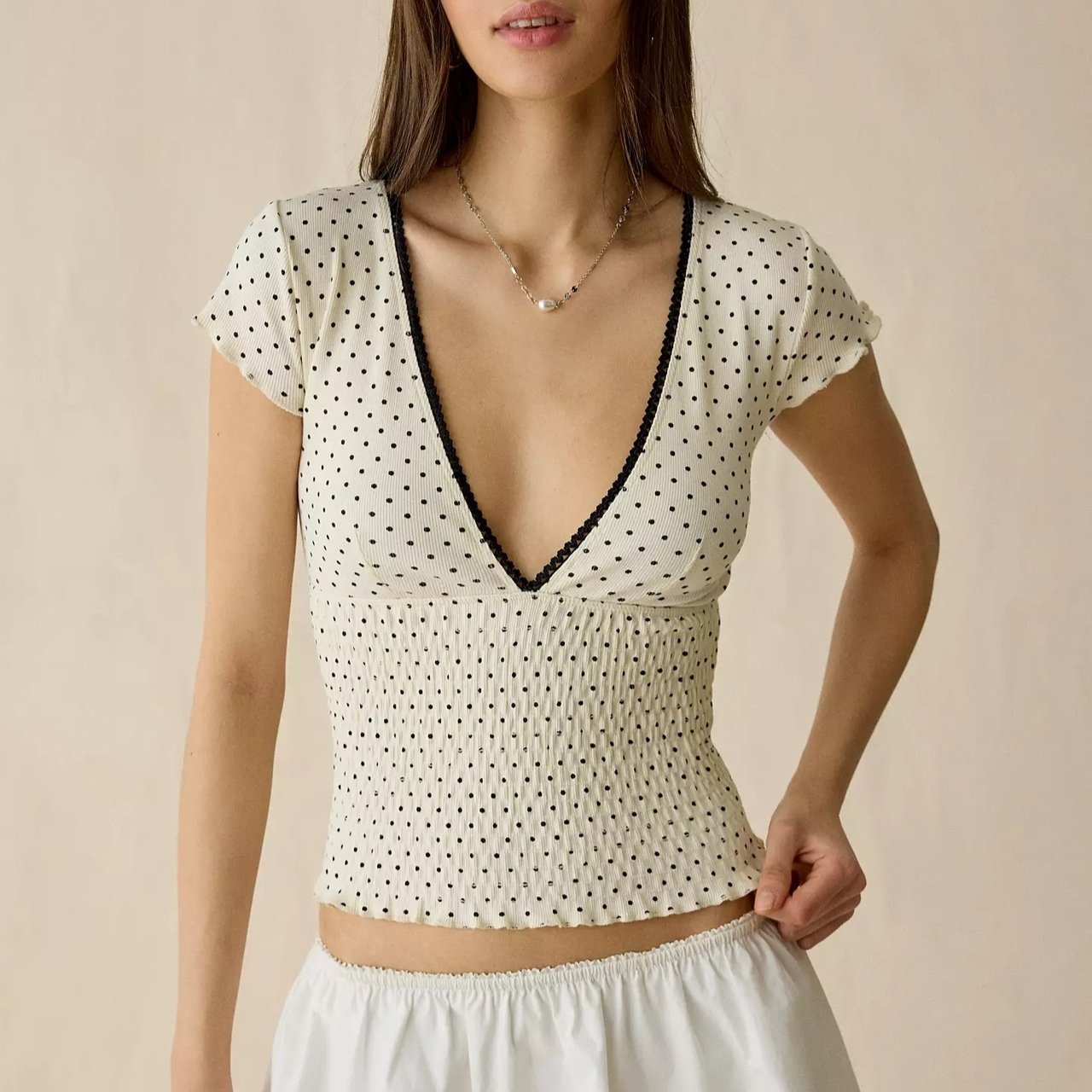 Polka Dot V-Neck Lace Trim Tee for Women