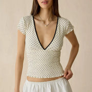 Polka Dot V-Neck Lace Trim Tee for Women