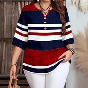 Women's Plus-Size Striped V-Neck Top 3/4 Sleeve