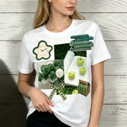 Retro Collage Tee for Women - Dark Green Floral Print