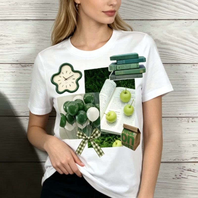 Retro Collage Tee for Women - Dark Green Floral Print