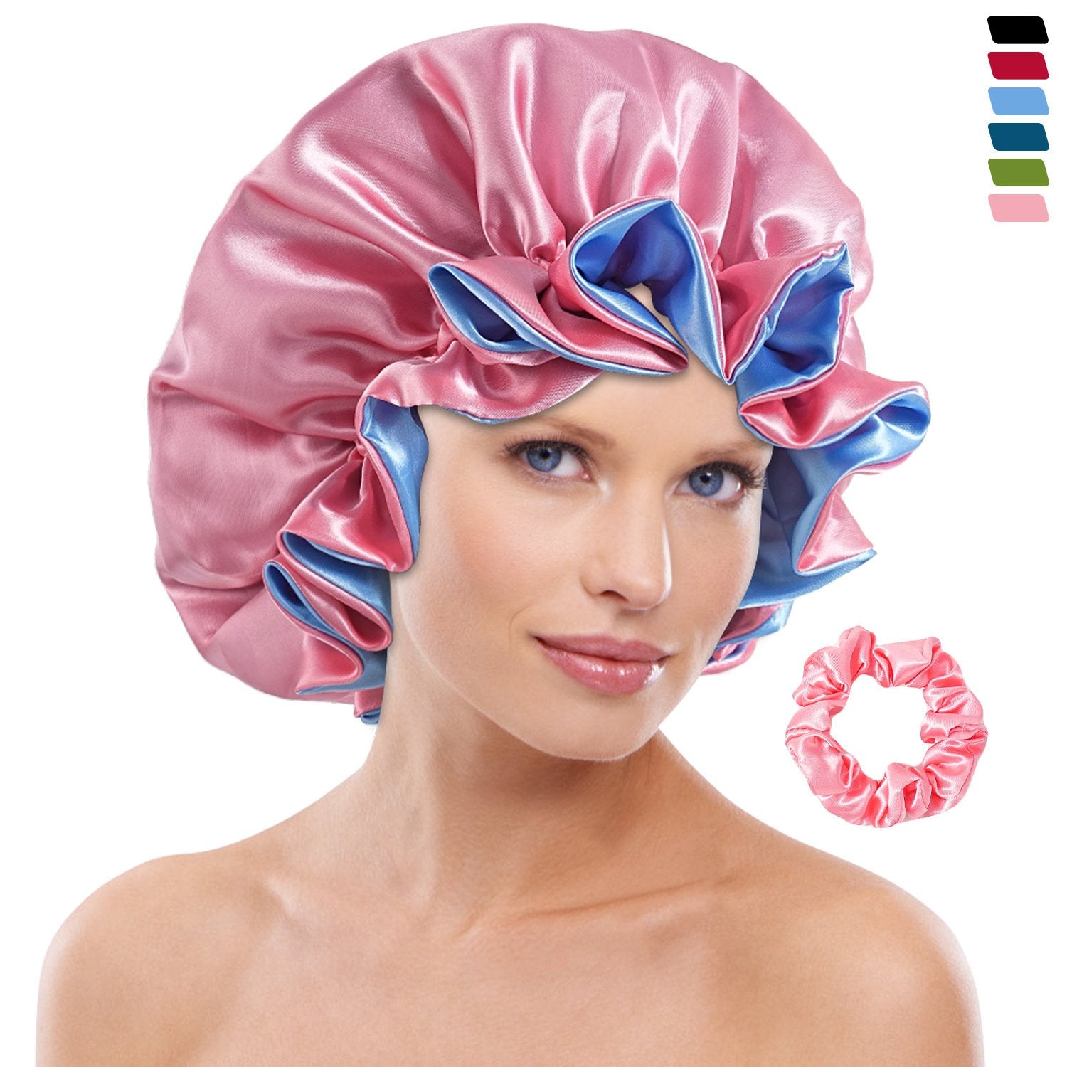 Double-Layered Satin Silk Sleeping Cap for Women with Lace Trim