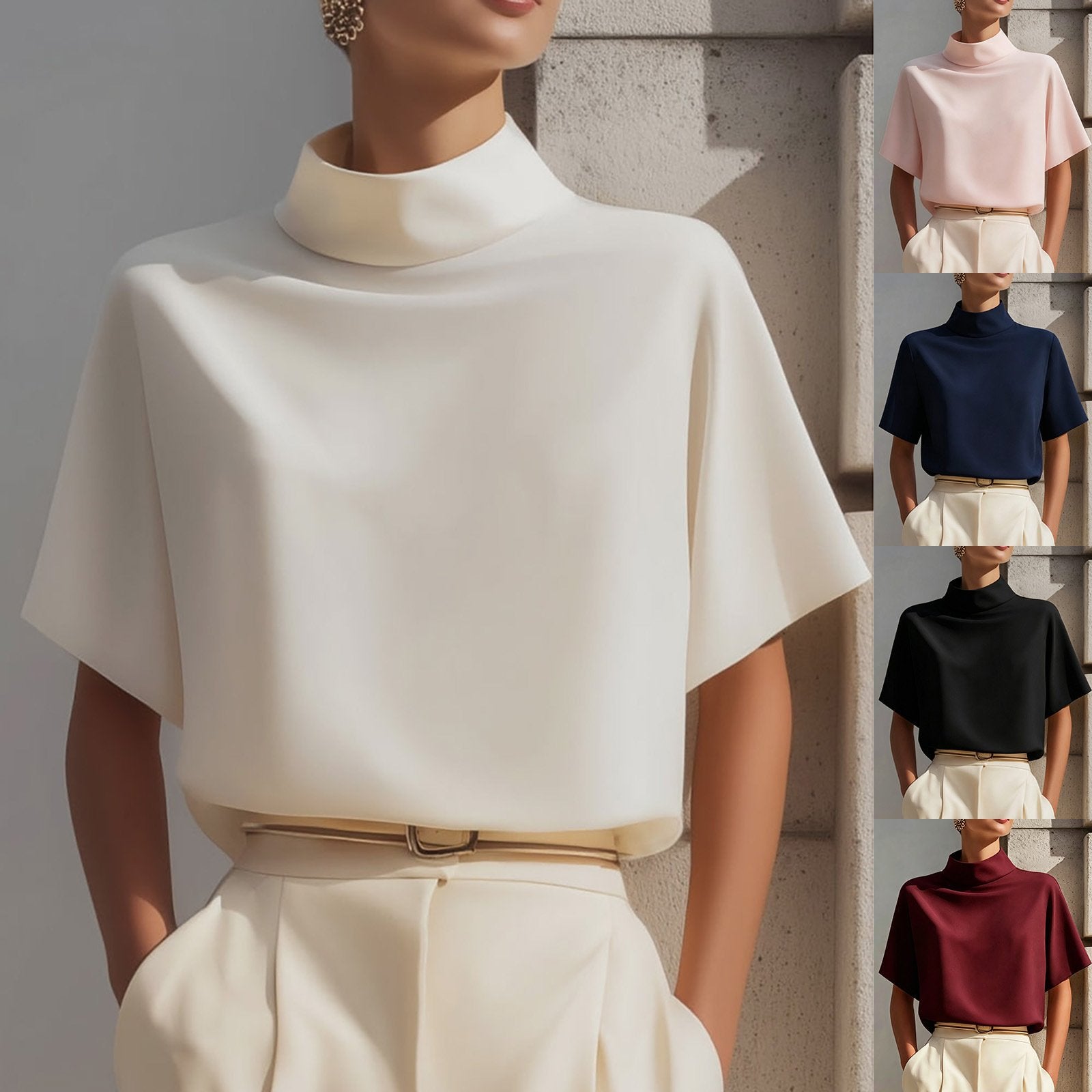 Elegant Solid Color Mandarin Collar Top for Women