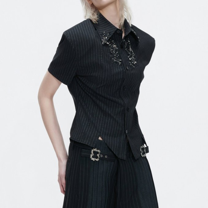 Classic Striped Short-Sleeve Blouse for Women