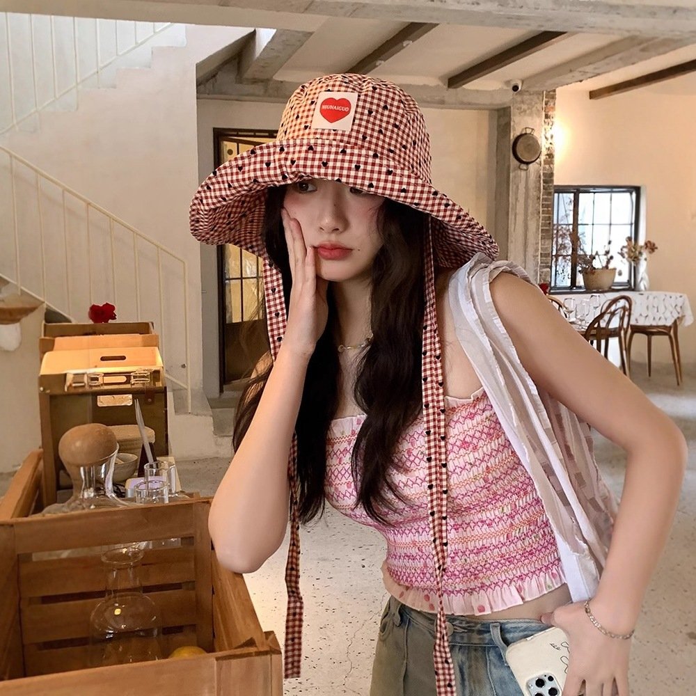 Spring Summer Women's Fisherman Hat with Heart Sticker Grid