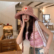 Spring Summer Women's Fisherman Hat with Heart Sticker Grid