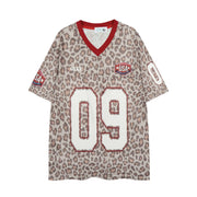 Leopard Print V-Neck Short Sleeve Shirt for Women