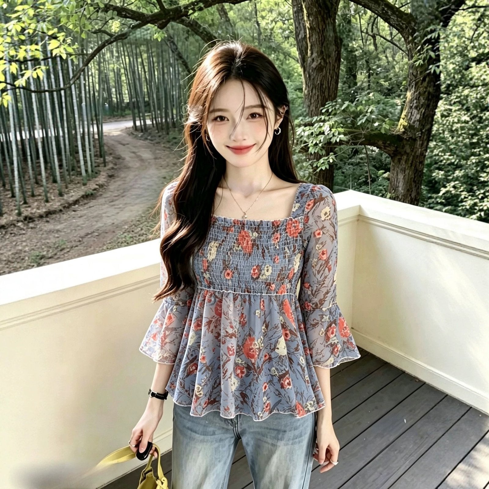 Floral Flared-Sleeve Top for Women