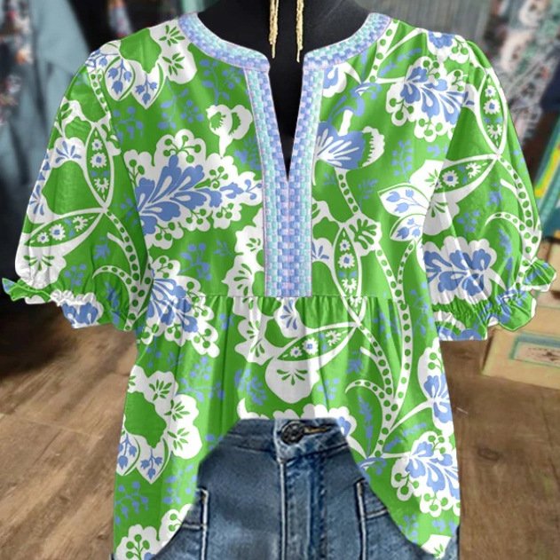 V-Neck Ruffled-Sleeve Short Sleeve Tops for Women