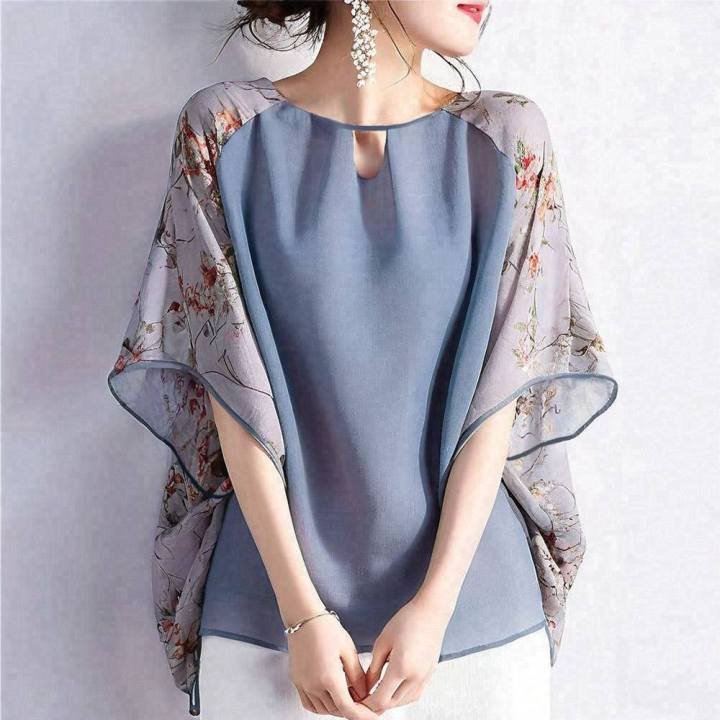 Casual Summer Patchwork Top - 3/4 Sleeve Blue Crewneck Tee