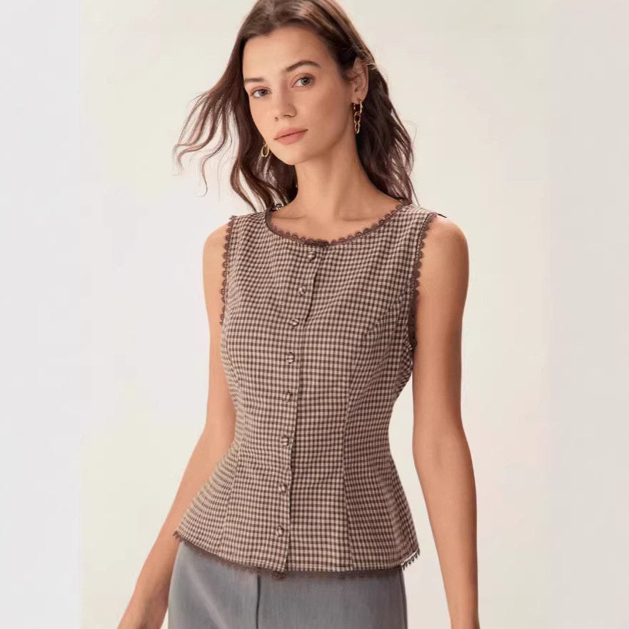 Retro Plaid Sleeveless Blouse for Women - Casual Chic