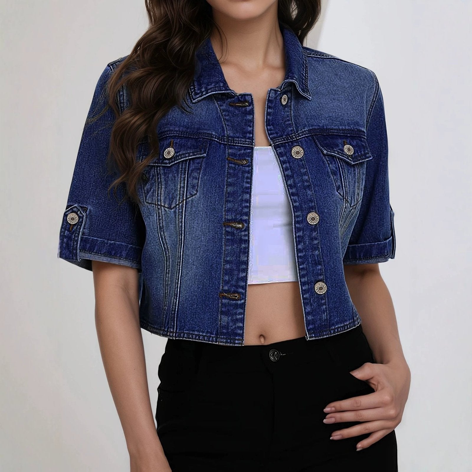 Navy Blue Lapel Blazer Top for Women