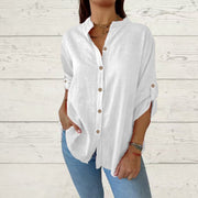 Comfortable V-Neck Cotton-Linen Long Sleeve Blouse