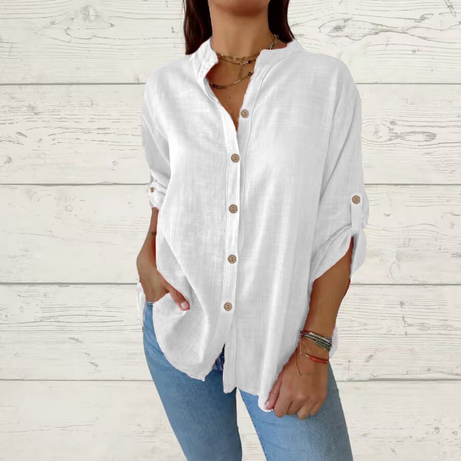 Comfortable V-Neck Cotton-Linen Long Sleeve Blouse