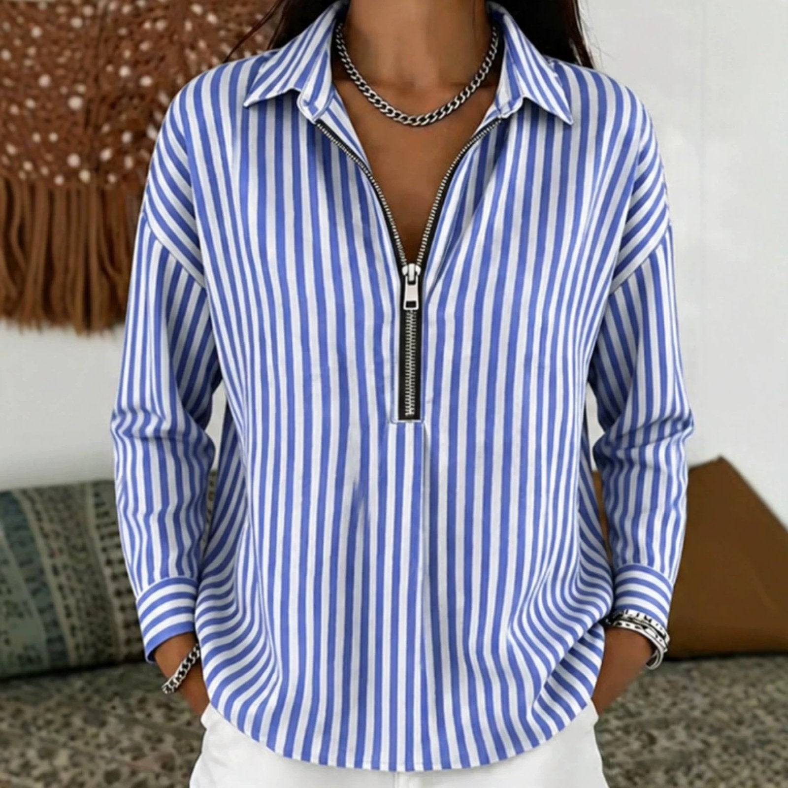Women's Classic Striped Shirt with Zipper Front