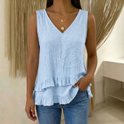 Sky Blue Loose V-Neck T-Shirt for Women - Ruffled Hem & Sleeveless Design