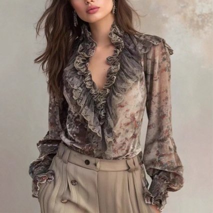 Vintage Ombre Long-Sleeve Blouse for Women