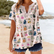 Vibrant Cat Print Henley Blouse for Women