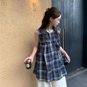 Navy Plaid Sleeveless Top for Women