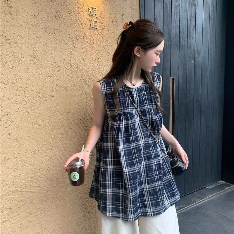 Navy Plaid Sleeveless Top for Women