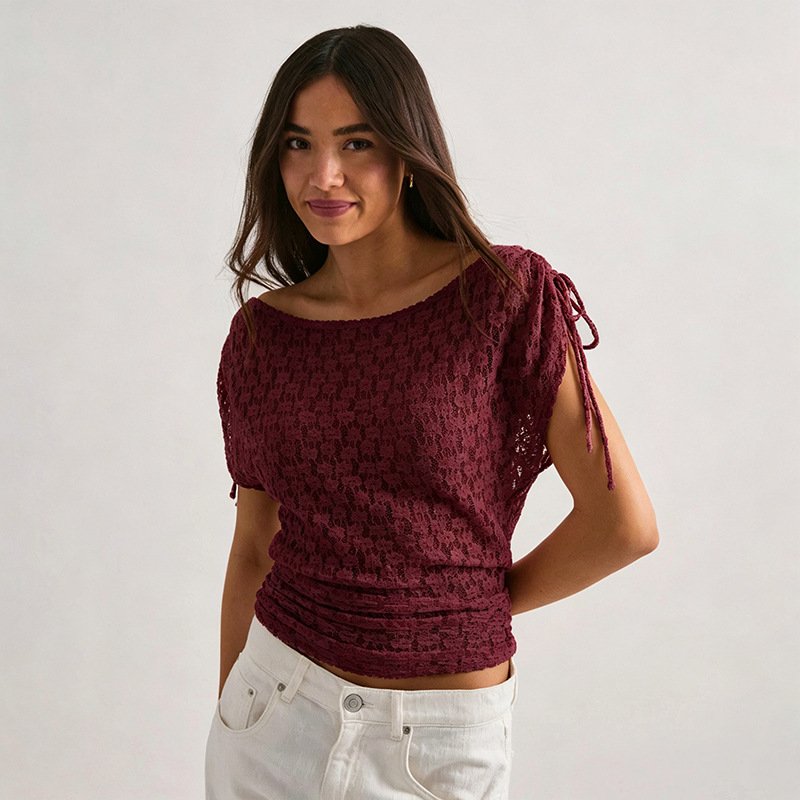 Wine Red Lace Off-Shoulder Top with Straps for Women