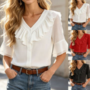 Elegant Ruffled Chiffon Blouse - V-Neck Short Sleeve Top