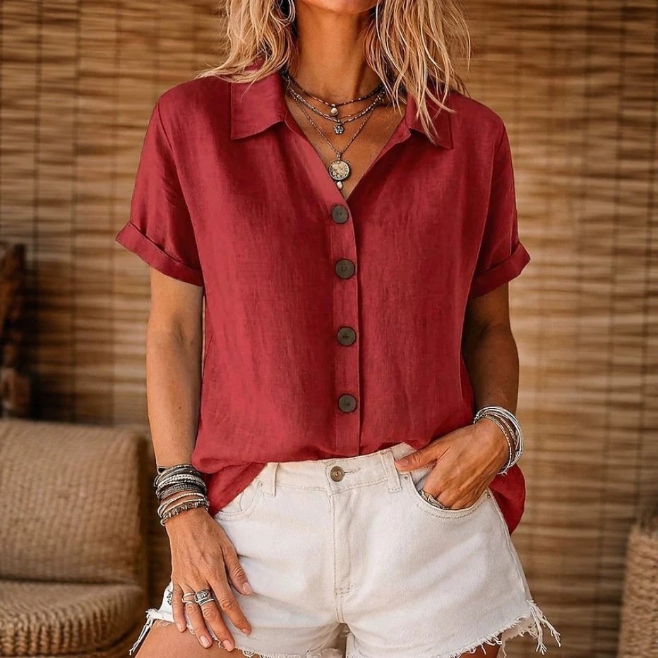 Short Sleeve Blouse with Lapel Button