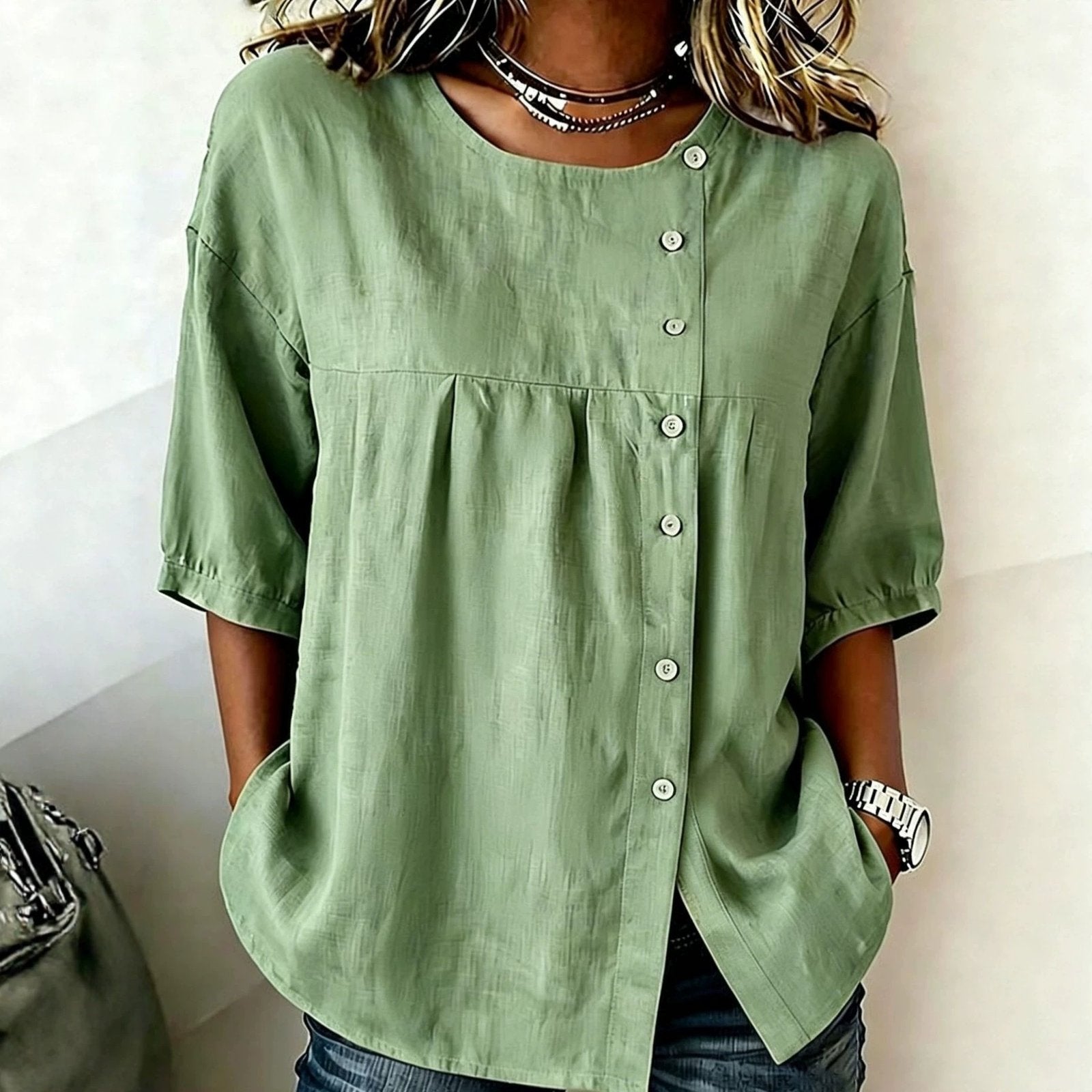 Versatile Solid-Color Crew-Neck Shirt for Women
