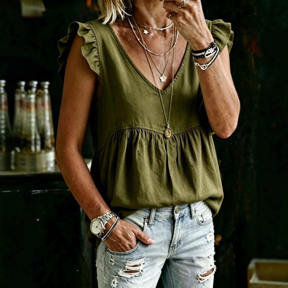 Loose-fit V-neck Ruffled Tee for Women