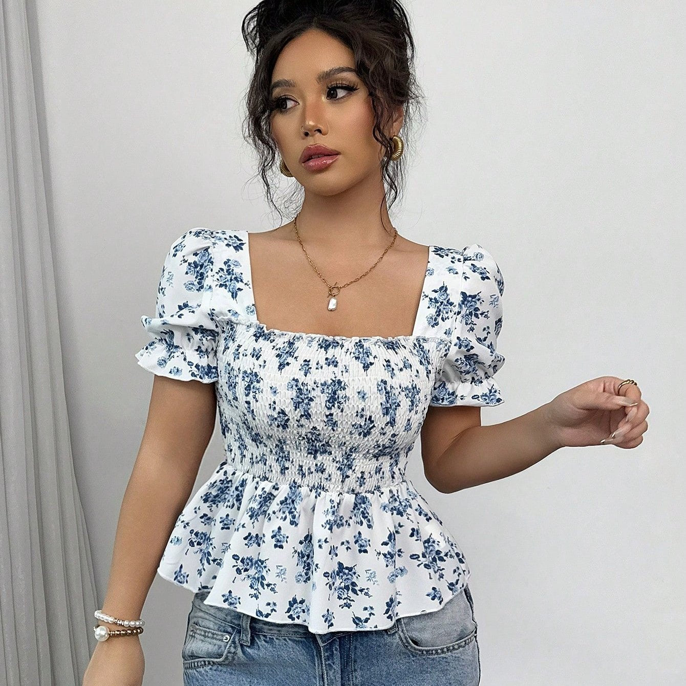 Floral Print Slim-fit Blouse for Women