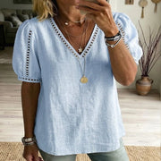Lace Patchwork V-Neck Cotton-Linen Blouse