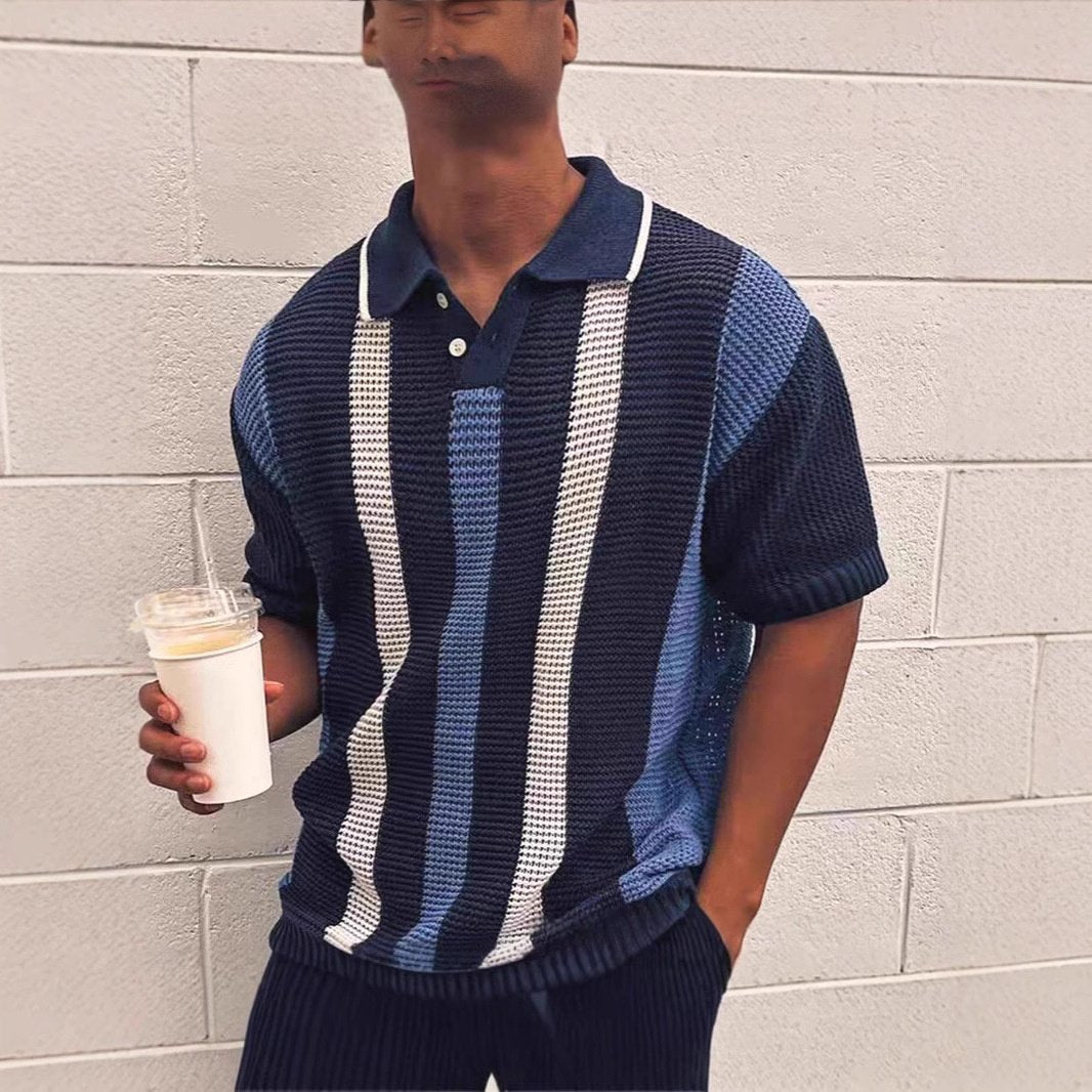 Striped Contrast Polo Knit Shirt for Men