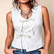 Sleeveless U-Neck Blouse with Bow Tie Detail