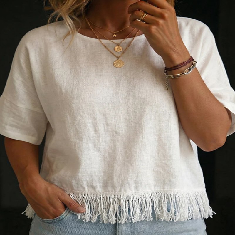 Relaxed Fit Cotton Linen Blouse with Tassel Detail