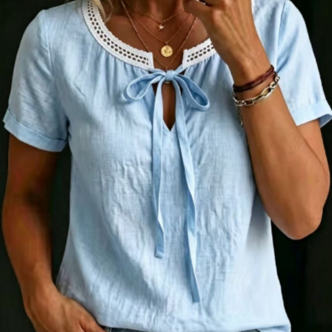 Women's V-Neck Cotton-Linen Shirt with Lace-Up Detail