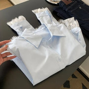 Stay On-Trend in Blue Cropped Cardigan Blouse