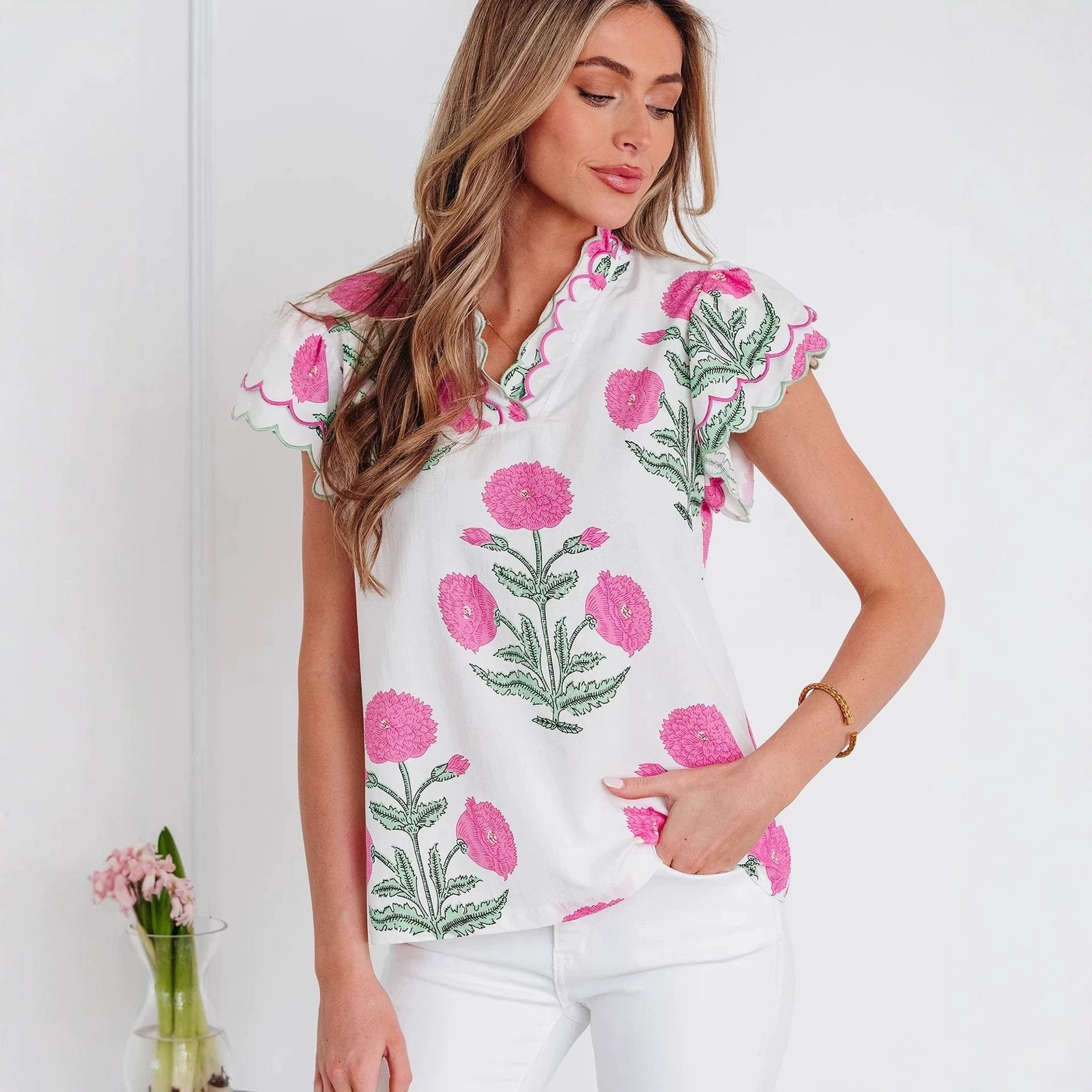 Floral V-Neck Chiffon Blouse with Ruffled Sleeves