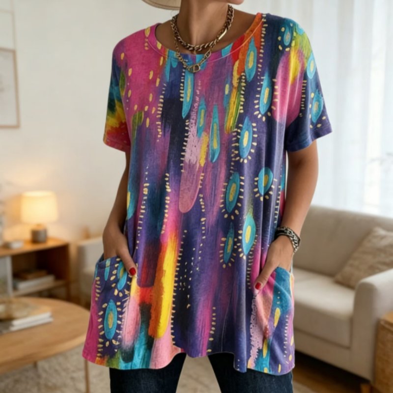 Multicolor Abstract Print Tunic Top with Pockets