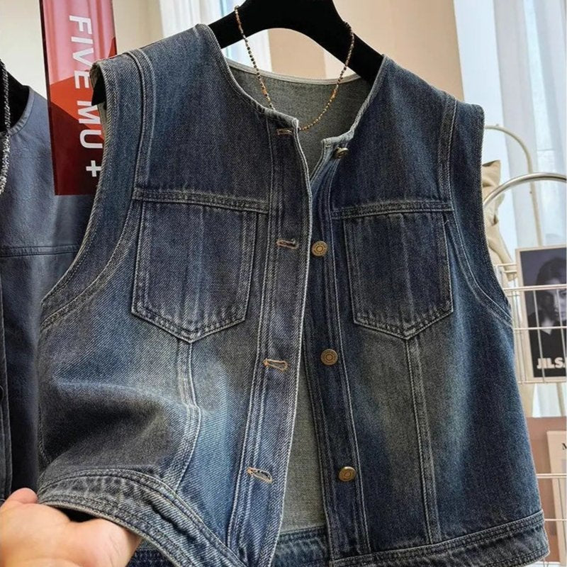 Flattering Denim Vest Jacket for Women - Loose Fit, Distressed Style
