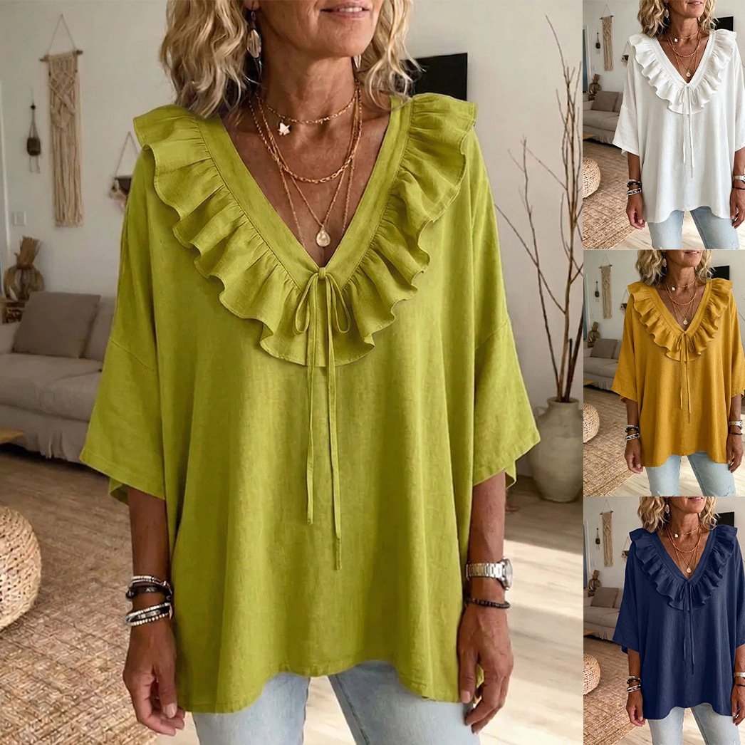Casual Loose Fit Ruffled V-Neck Top