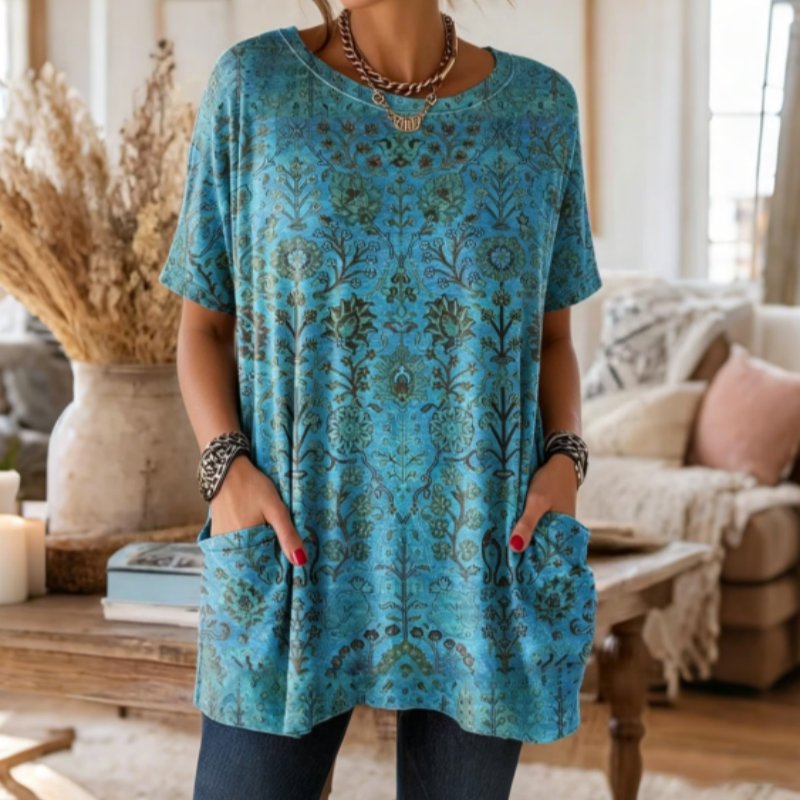 Vintage Floral Paisley Print Short Sleeve Tunic Top with Pockets